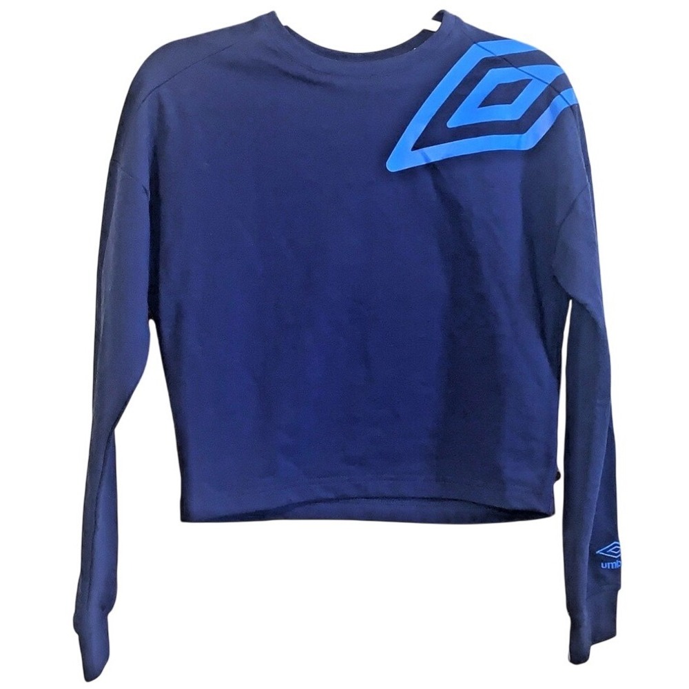 Umbro Cropped Crewneck Sweatshirt Navy Blue Large Graphic Logo Top XS NWT